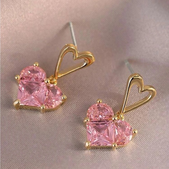 Jewelry - 3 For 25 Pink Heart Crystal Drop Earrings